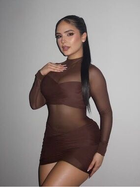 Gracie Form Double Lined Mini Dress - Chocolate Mesh Brown Ruched Mini Dress
